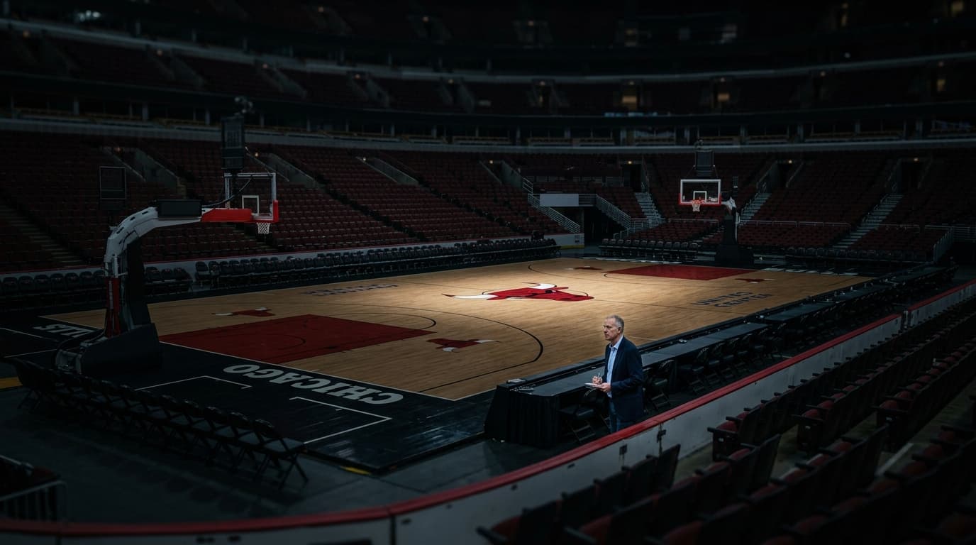 LeBron James in a suit, looking determined, with a basketball arena in the background, subtly hinting at ownership aspirations.
