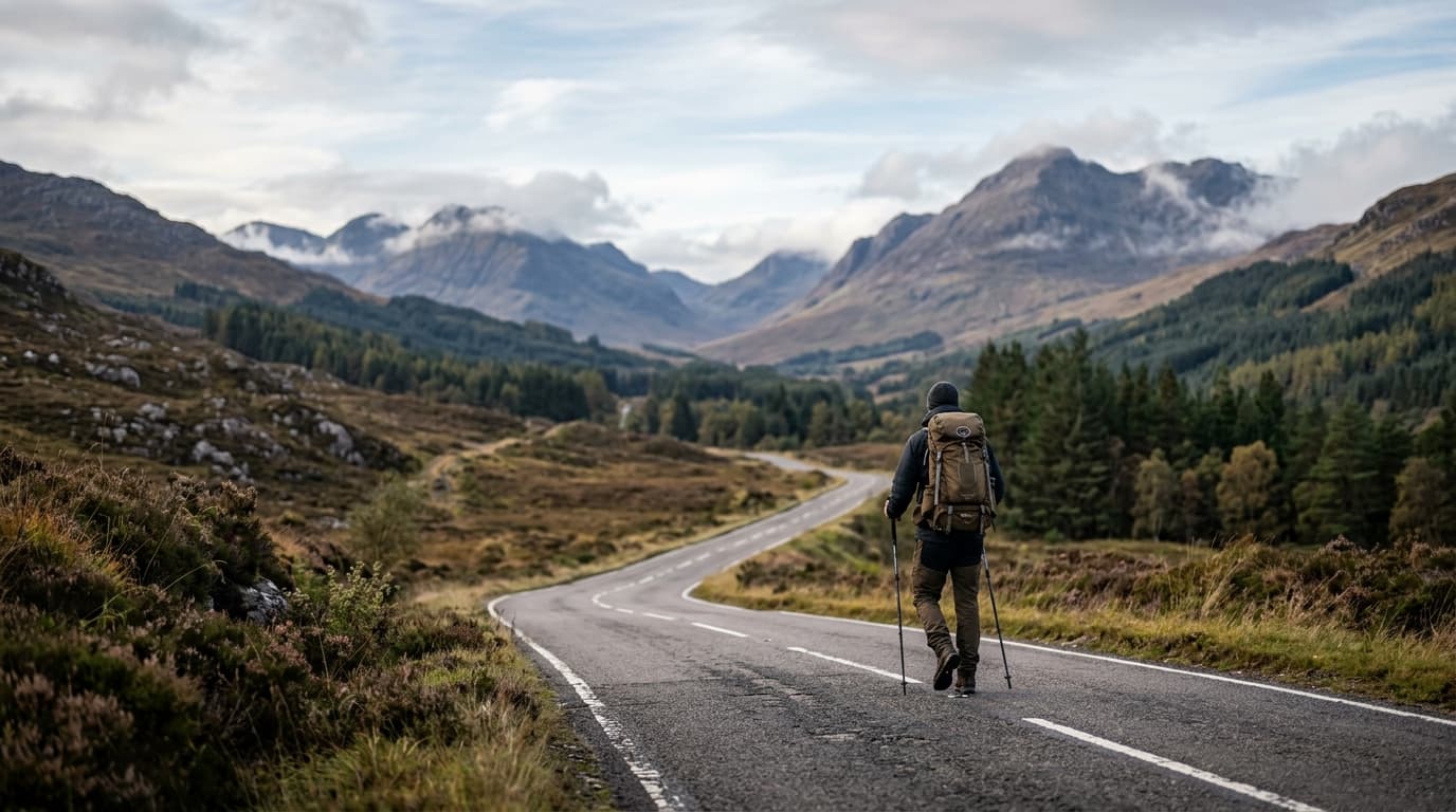 A lone figure, Karl Bushby, walking with a backpack on a long, winding road or trail, possibly in a remote landscape, with the horizon stretching far into the distance, symbolizing his epic world walk.