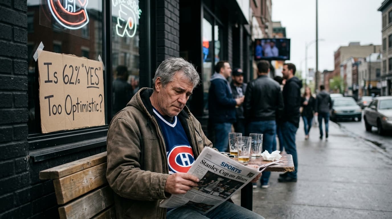 A hockey puck flying into a net during a Stanley Cup game, with a blurred Canadian flag in the background