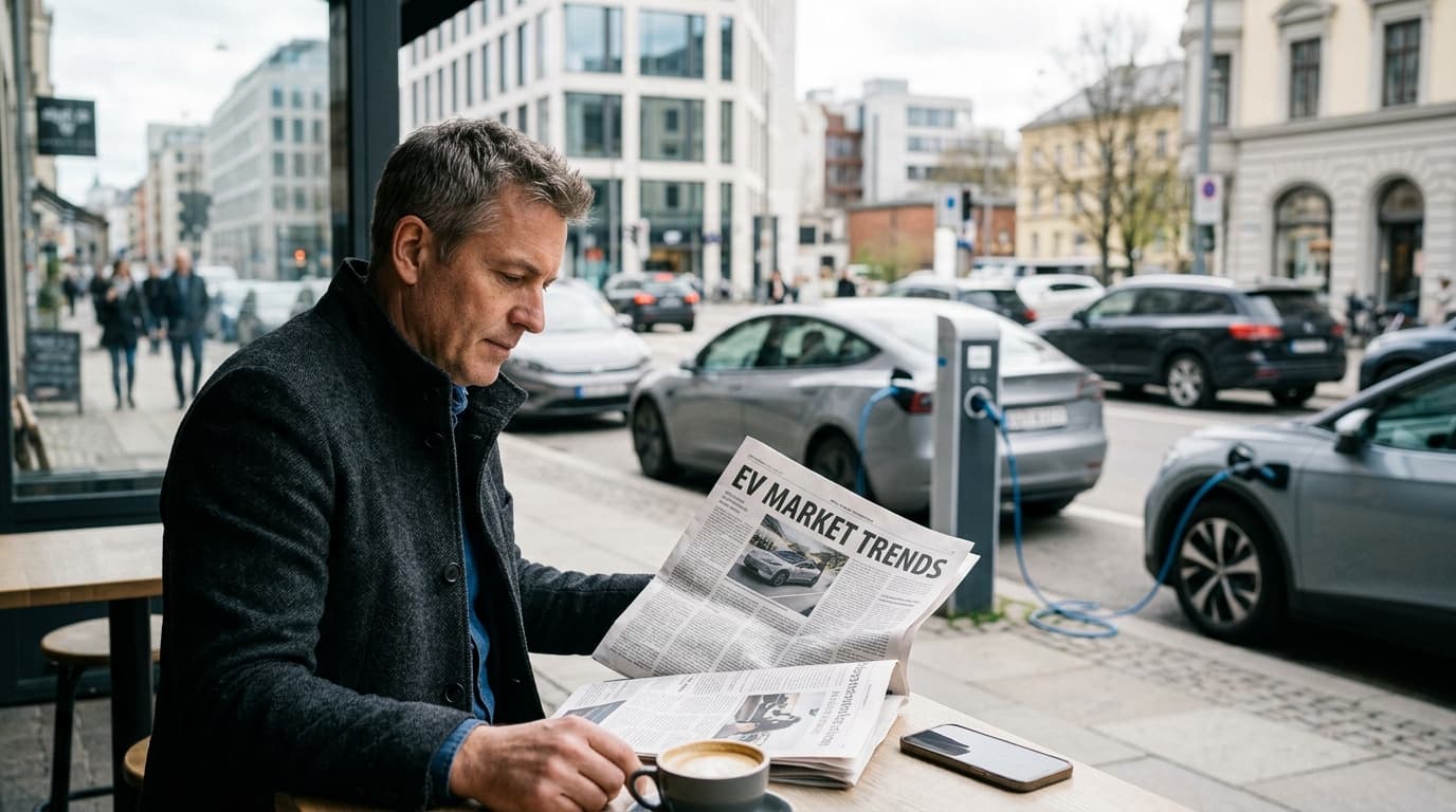 A sleek, modern electric vehicle charging at a station with a futuristic city skyline in the background, symbolizing the growth of EV market share.