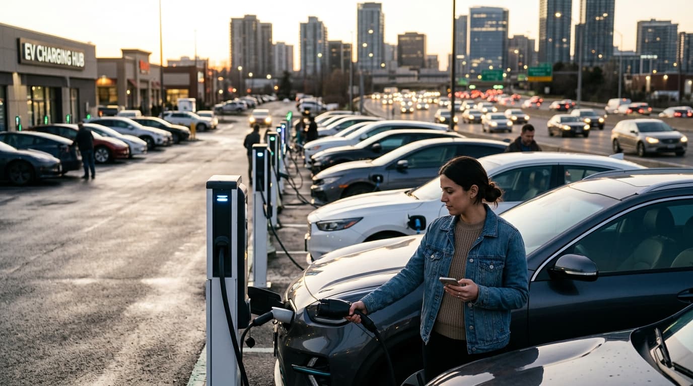A sleek electric vehicle charging at a station, with a digital display showing future market share projections in the background.