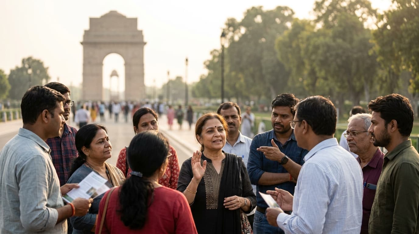 A stylized map of India with climate-related icons like wind turbines, solar panels, and factories, illustrating the nation's energy transition challenges and goals.