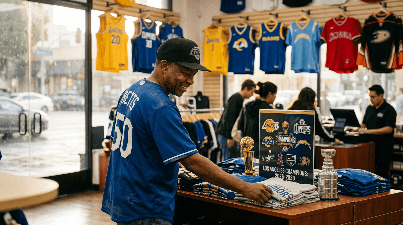 A composite image showing logos of the Los Angeles Lakers, Dodgers, Rams, and Kings, suggesting a high likelihood of a championship win among them.