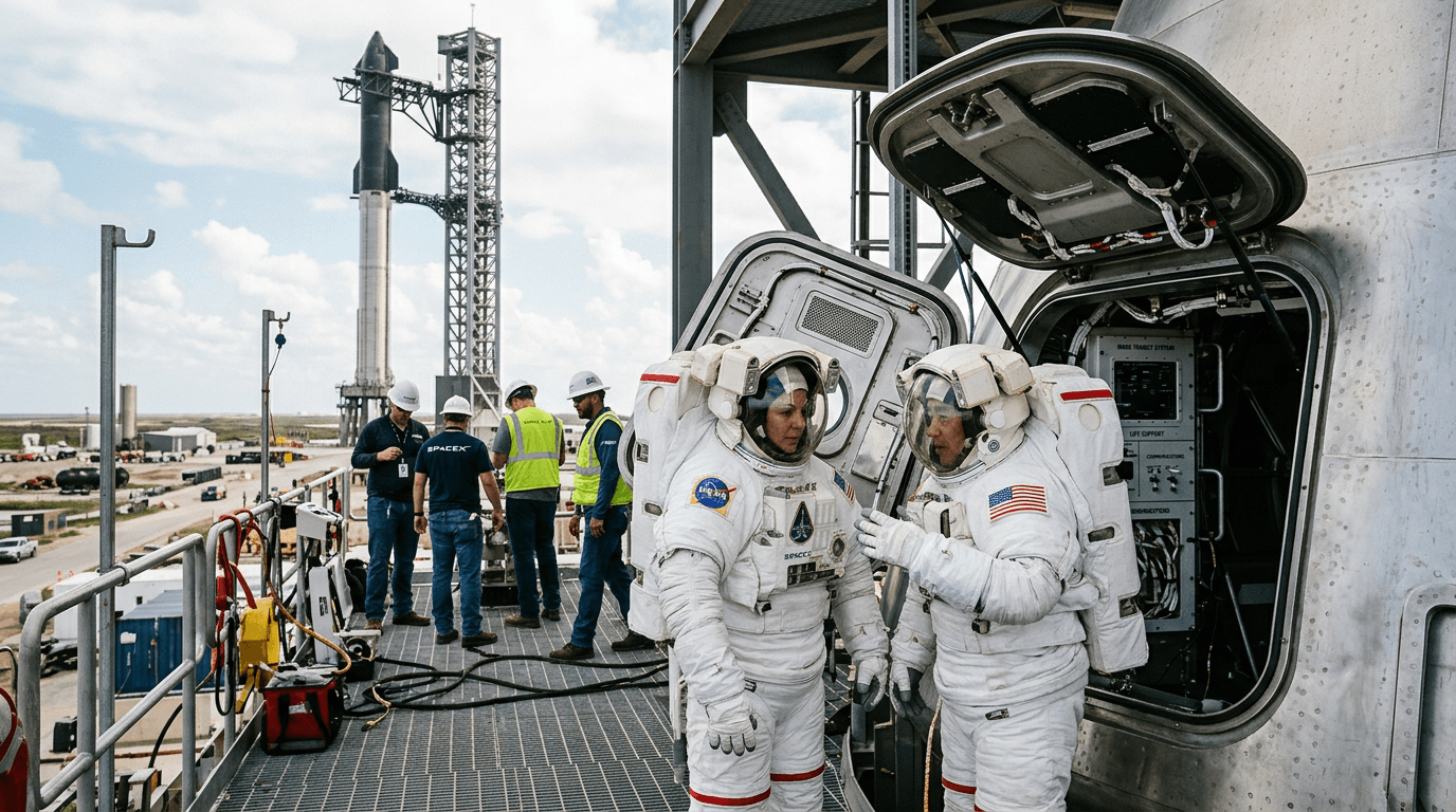 An artistic rendering of a SpaceX Starship landing on the surface of Mars, with a small human figure looking out over the Martian landscape.