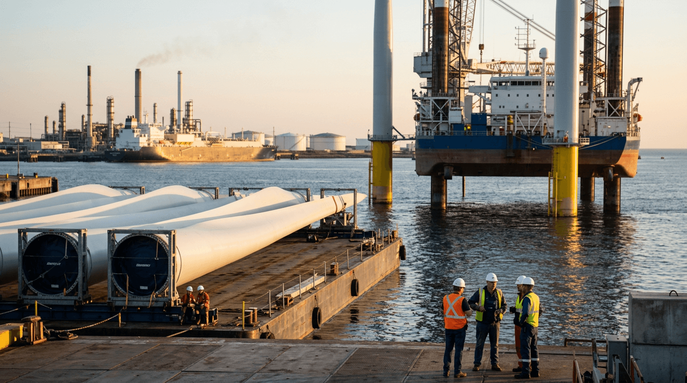 A stylized graph showing global primary energy consumption by source, with fossil fuels as dominant large bars and renewables as smaller, growing bars projected to 2030 and beyond.