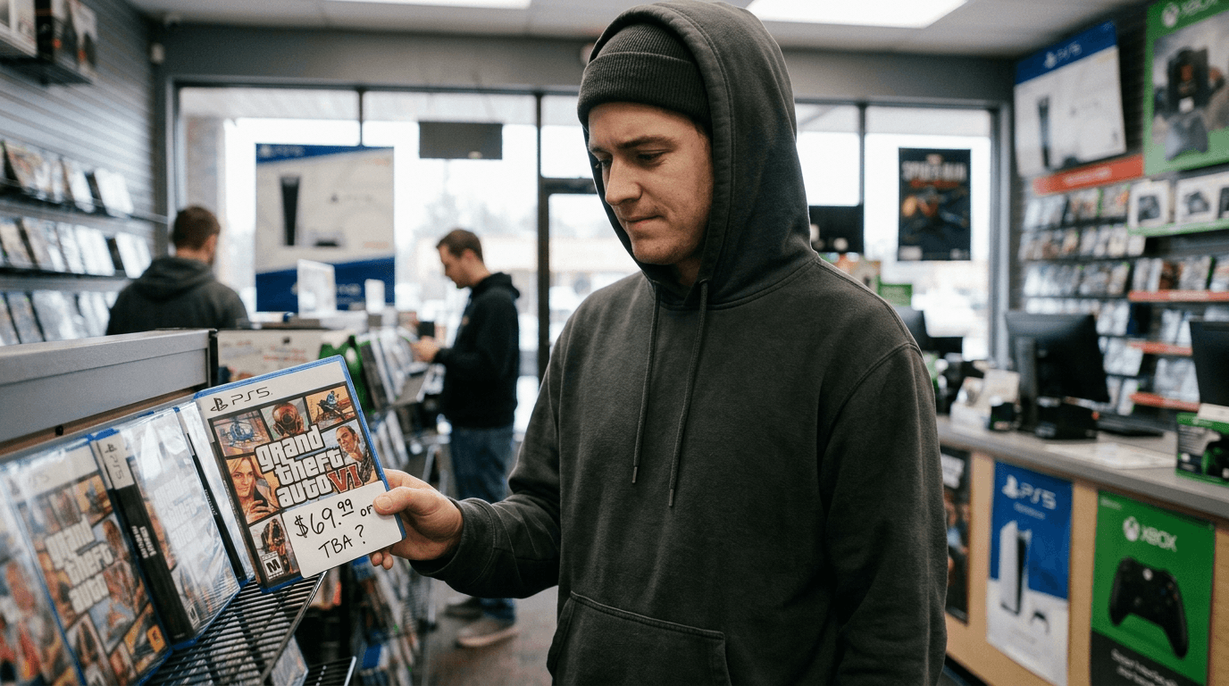 An image showing the Grand Theft Auto VI logo with a price tag icon overlay, perhaps with dollar signs or a graph showing rising prices in the background, set against a dark, futuristic city skyline.