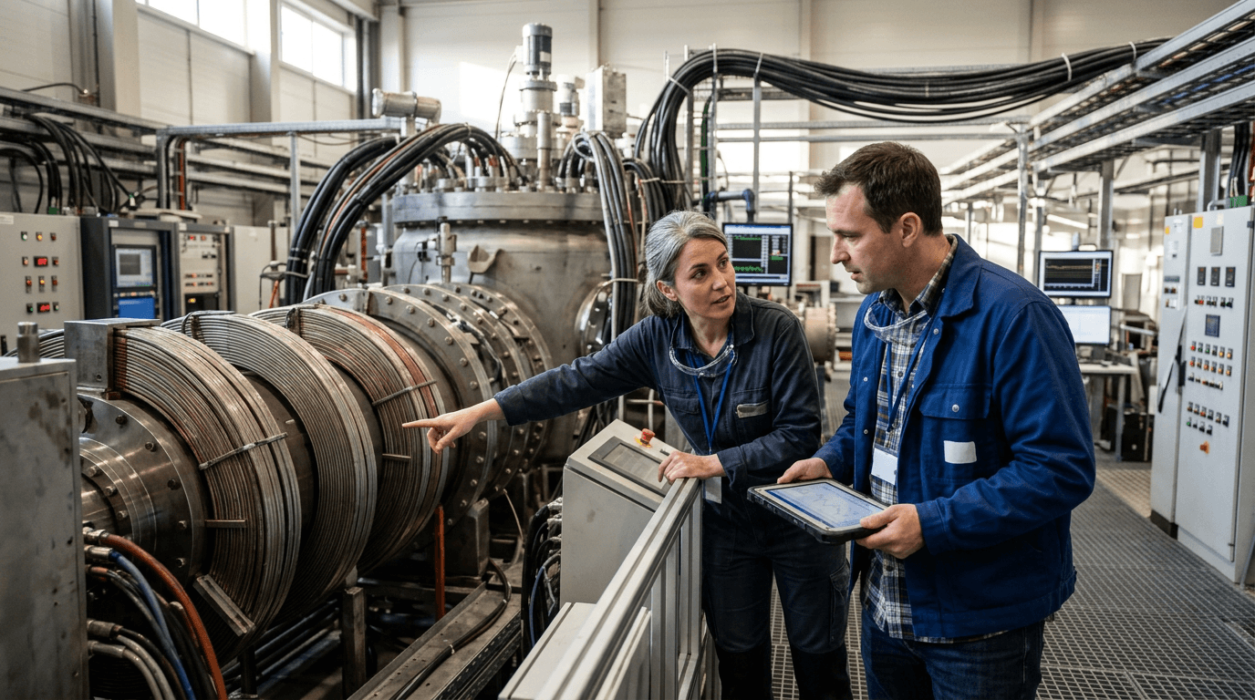 Illustration of a nuclear fusion reactor with plasma glowing brightly