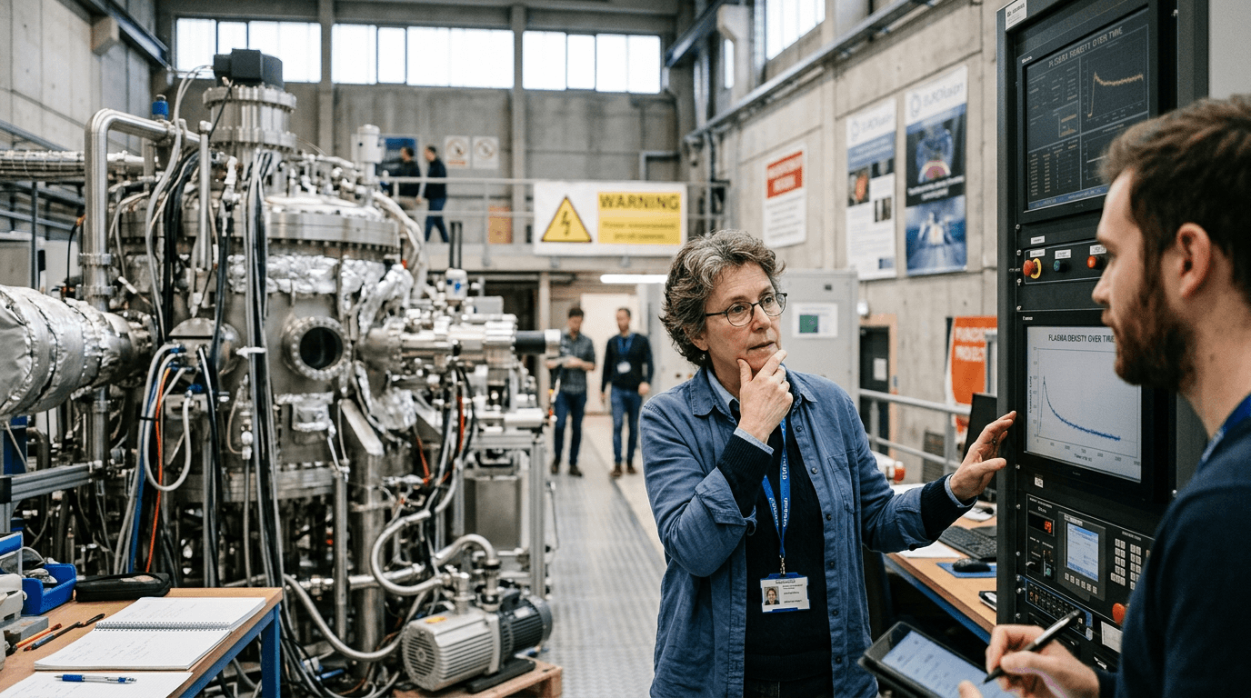 An illustration depicting a futuristic nuclear fusion reactor with energy flowing out, surrounded by a timeline pointing towards 2040.