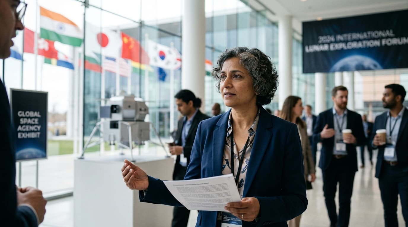 An illustration of a lunar lander with a national flag, landing on the Moon's surface with Earth in the background.