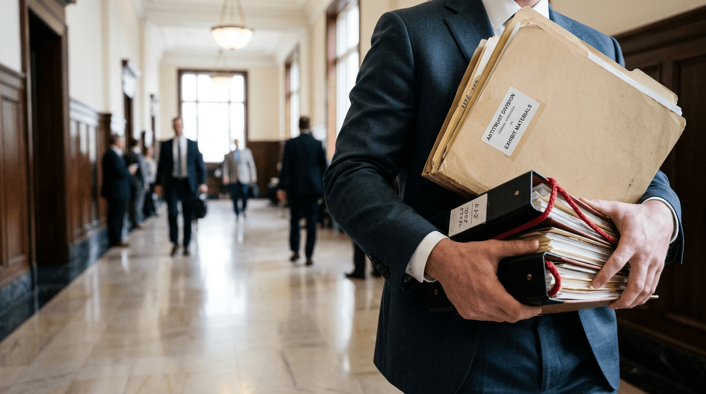 A gavel resting on a stack of legal documents with the Amazon logo subtly in the background.