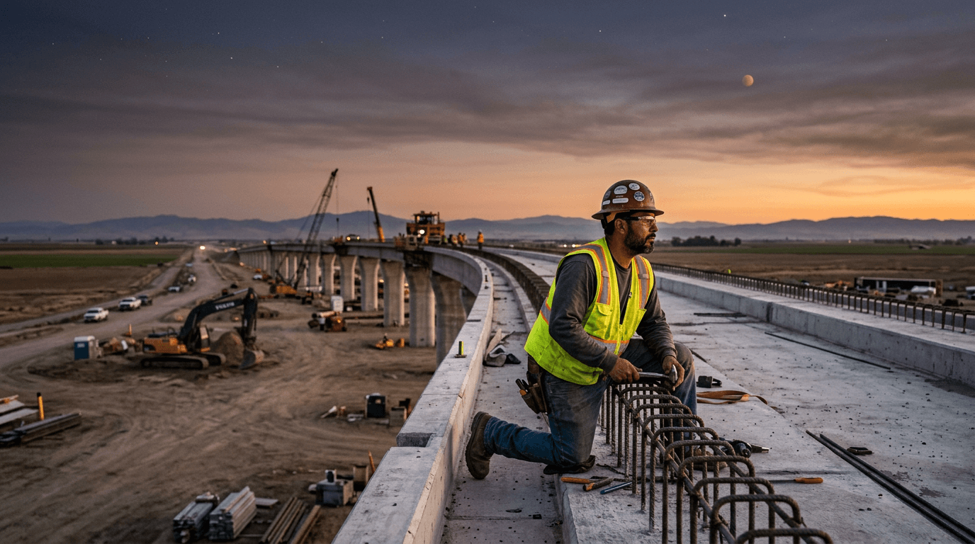 A split image showing a futuristic high-speed train on one side and an astronaut planting a flag on Mars on the other.
