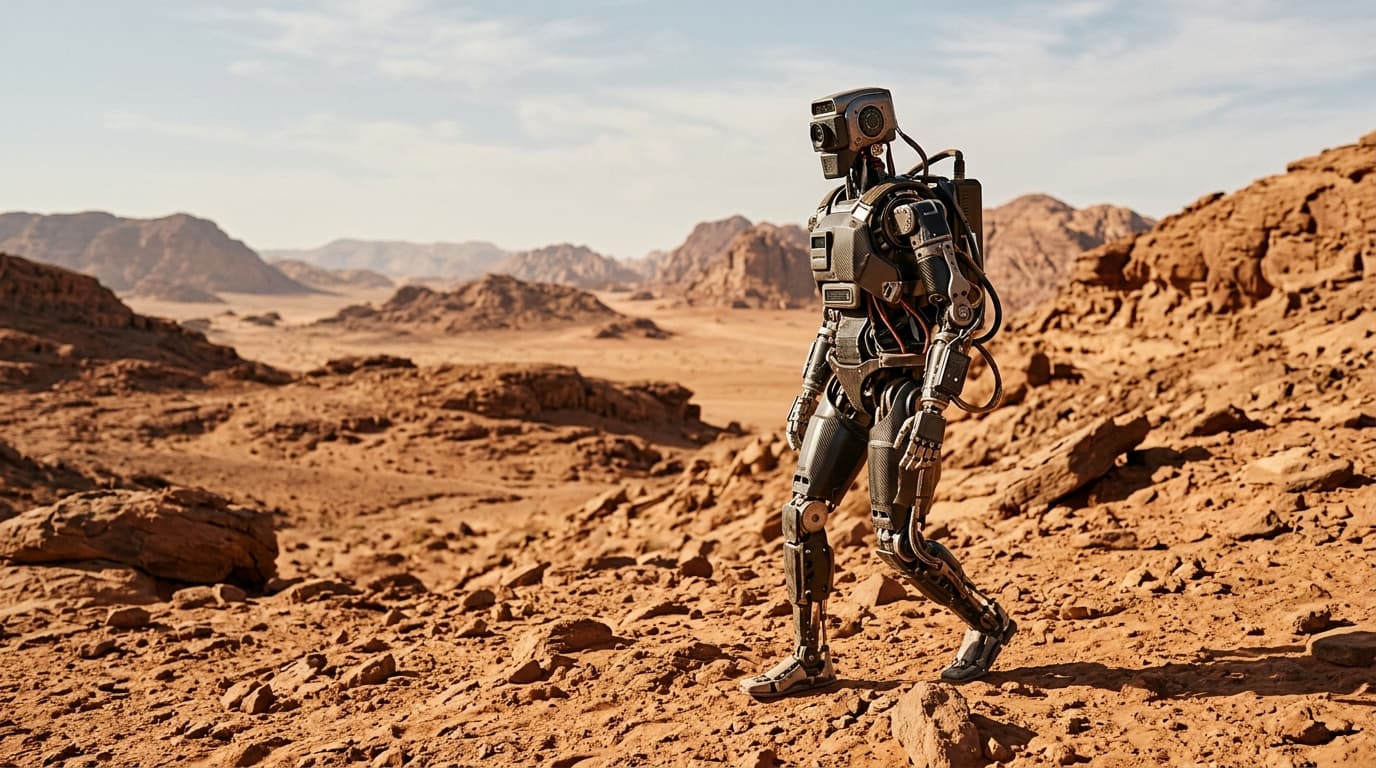 An artistic rendering of a human astronaut and a humanoid robot standing side-by-side on the surface of Mars, looking out over a desolate landscape.
