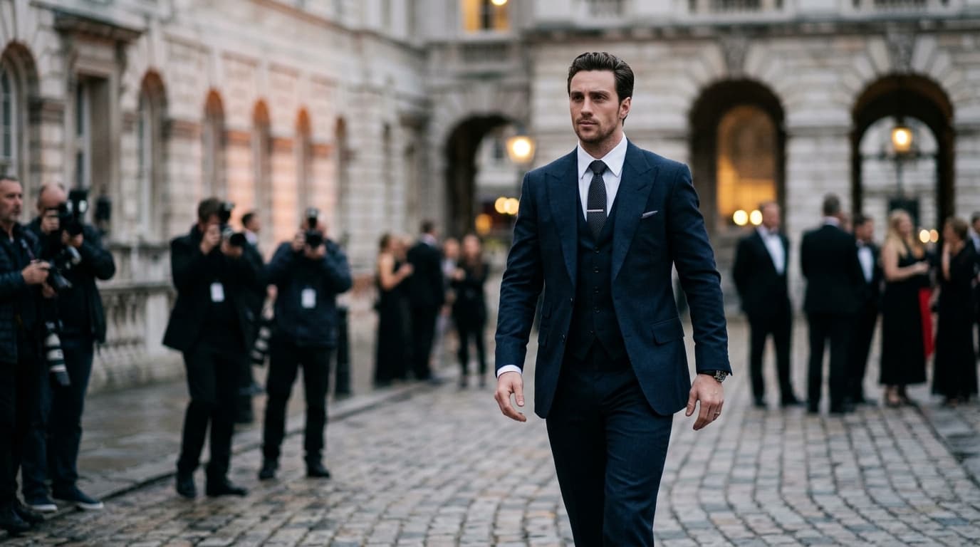 A stylized image of Aaron Taylor-Johnson in a tuxedo, looking intense, with a subtle 007 logo in the background, hinting at the James Bond role.