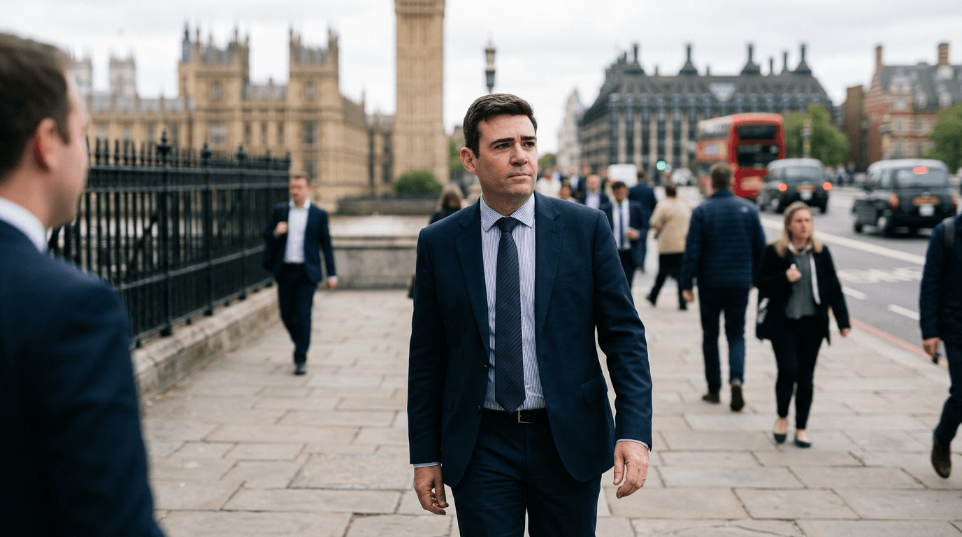 A split image showing Andy Burnham's face on one side and the exterior of 10 Downing Street on the other, with a question mark in between