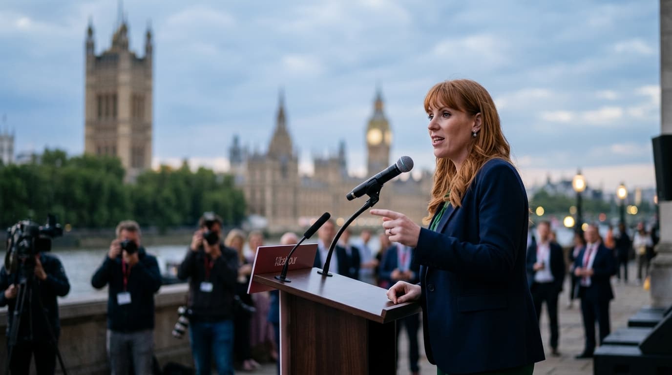 A vibrant, slightly blurred image of the UK Houses of Parliament at dusk, with digital trading charts overlaid subtly in the foreground, symbolizing prediction markets and political outcomes.