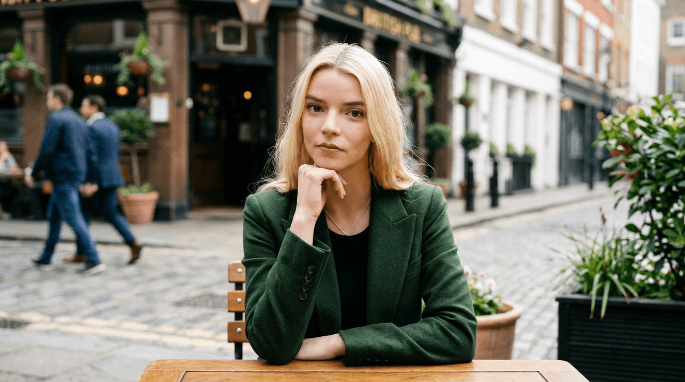 A stylized image of Anya Taylor-Joy with a faint silhouette of James Bond in the background, set against a classic espionage aesthetic.