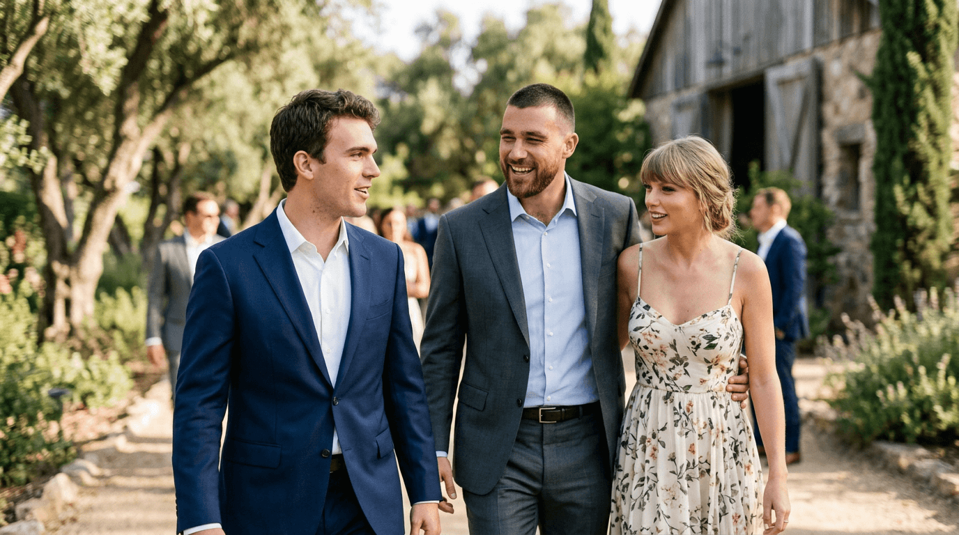 A split image showing Taylor Swift and Travis Kelce on one side, and Austin Swift on the other, with a question mark in between.