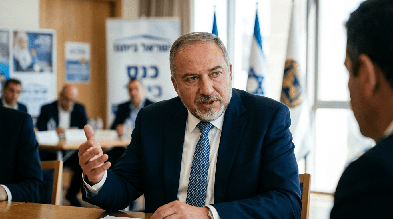 A portrait of Avigdor Lieberman, possibly with the Israeli flag or parliament in the background, overlaid with speculative charts or question marks.