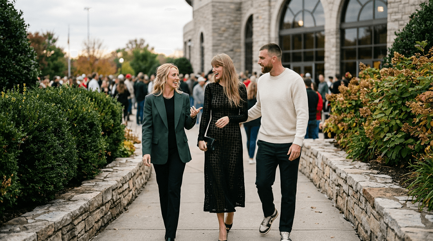 Taylor Swift and Brittany Mahomes smiling and laughing together in a stadium suite, perhaps with Travis Kelce and Patrick Mahomes nearby