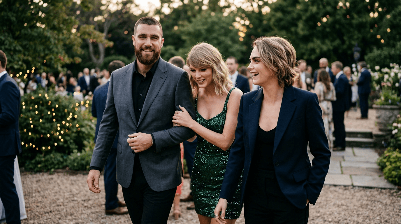 Cara Delevingne laughing with Taylor Swift at a public event, possibly indicating friendship.
