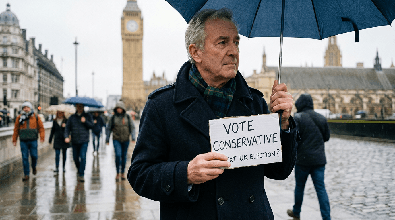 A split image showing the UK Parliament building and a graph with a steep downward trend, representing the low probability of a Conservative win.