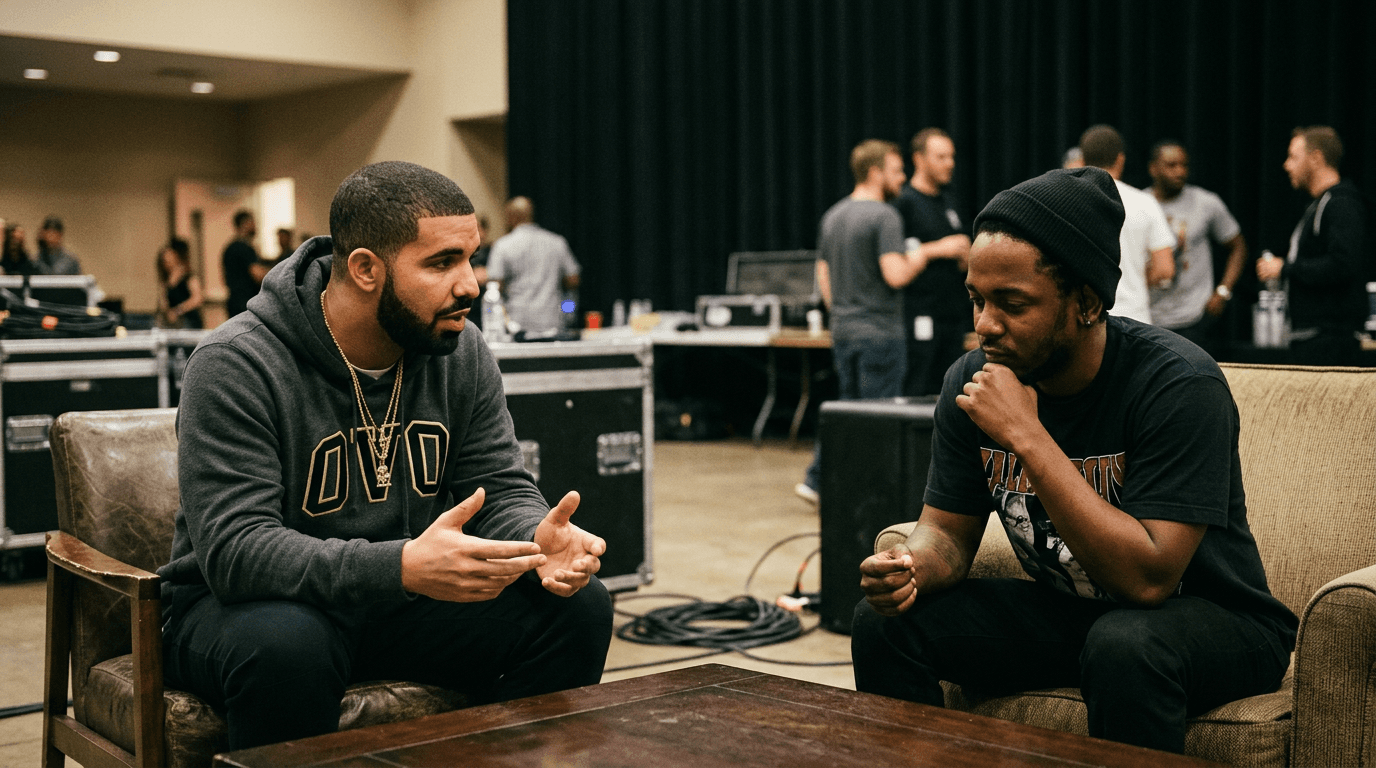 Illustration of Drake and Kendrick Lamar with a large question mark suspended between them, set against a blurred stage light background.