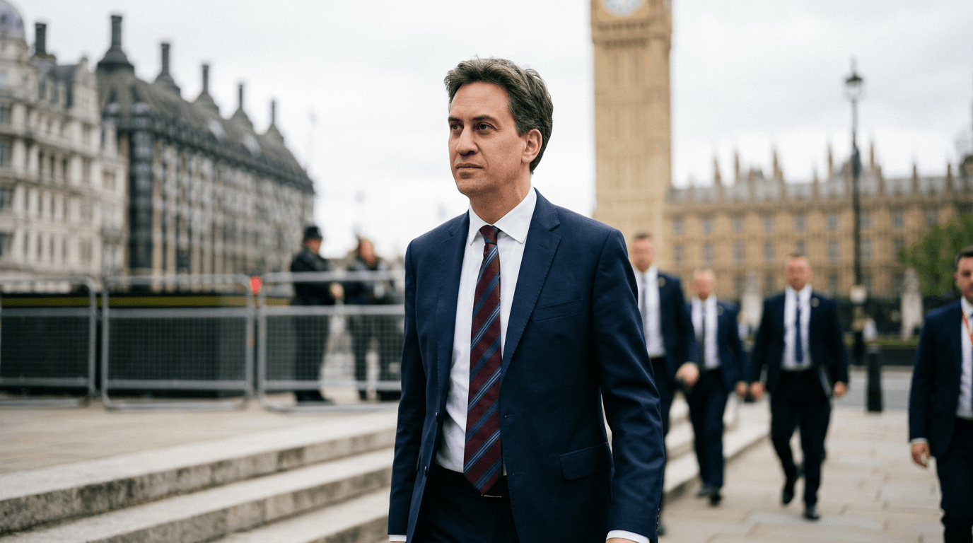 A headshot of Ed Miliband with the Houses of Parliament in the background, overlaid with Kalshi market data.