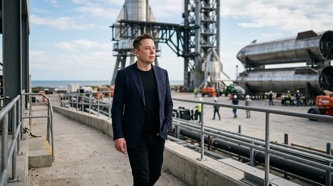 A stylized image of Elon Musk with futuristic elements, possibly showing a rocket or a futuristic car, against a background hinting at vast wealth or digital currency symbols.