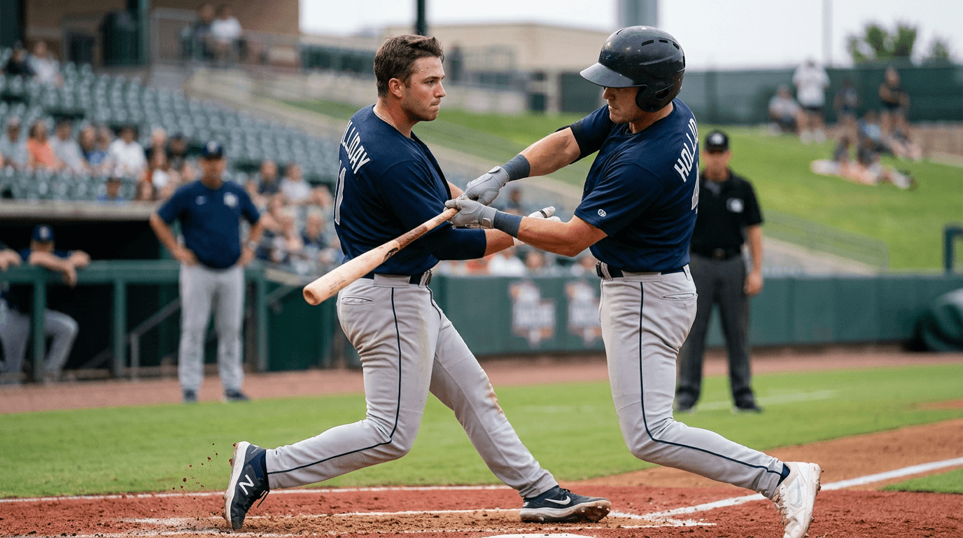 A young baseball player, Ethan Holliday, mid-swing during a game, with a blurred baseball stadium in the background.