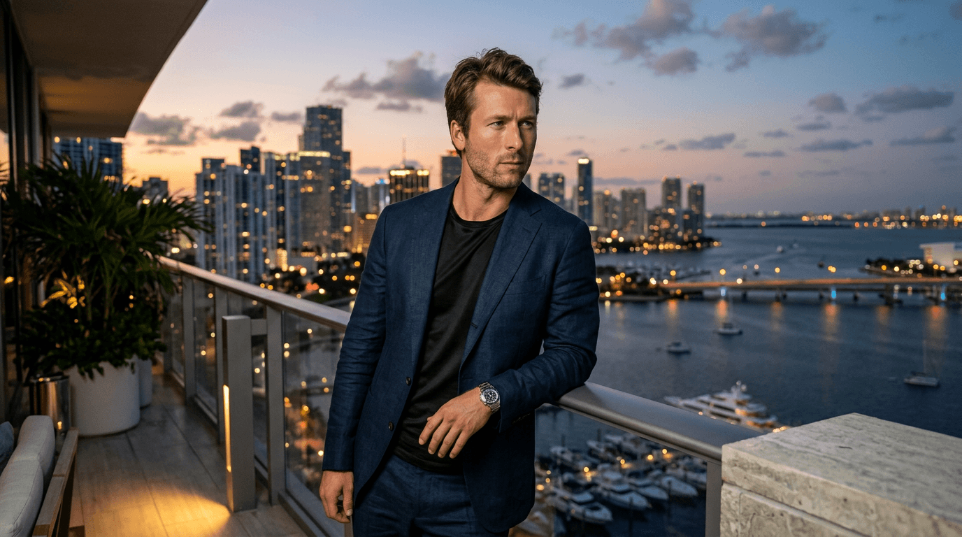 A stylish, retro-futuristic image showing a silhouette of Glen Powell against a neon Miami skyline, possibly with a classic sports car in the foreground, hinting at a Miami Vice reboot.