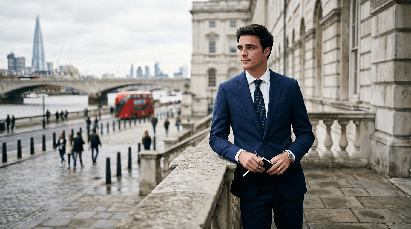 Jacob Elordi in a sleek, tailored dark suit, looking thoughtfully at the camera with a subtle hint of gravitas, evoking a modern James Bond aesthetic.