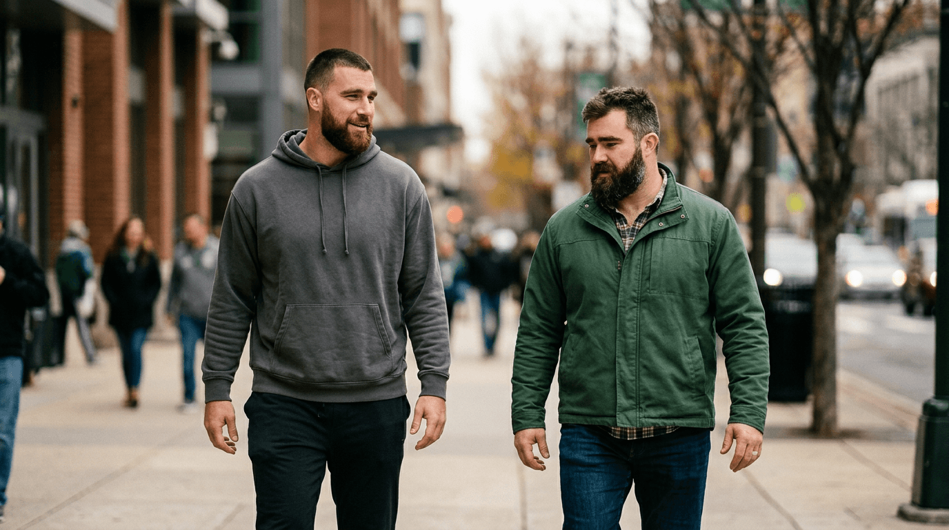 An illustration depicting Jason Kelce in a tuxedo, smiling, with Travis Kelce and Taylor Swift subtly in the background, possibly in wedding attire.