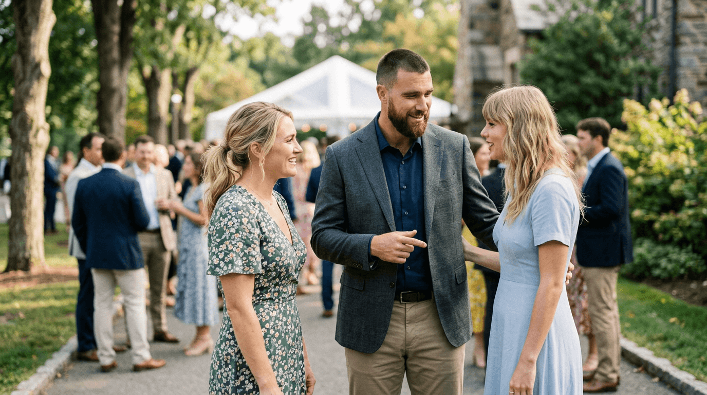 Kylie Kelce, Travis Kelce, and Taylor Swift smiling together at a football game, with a subtle wedding theme overlay