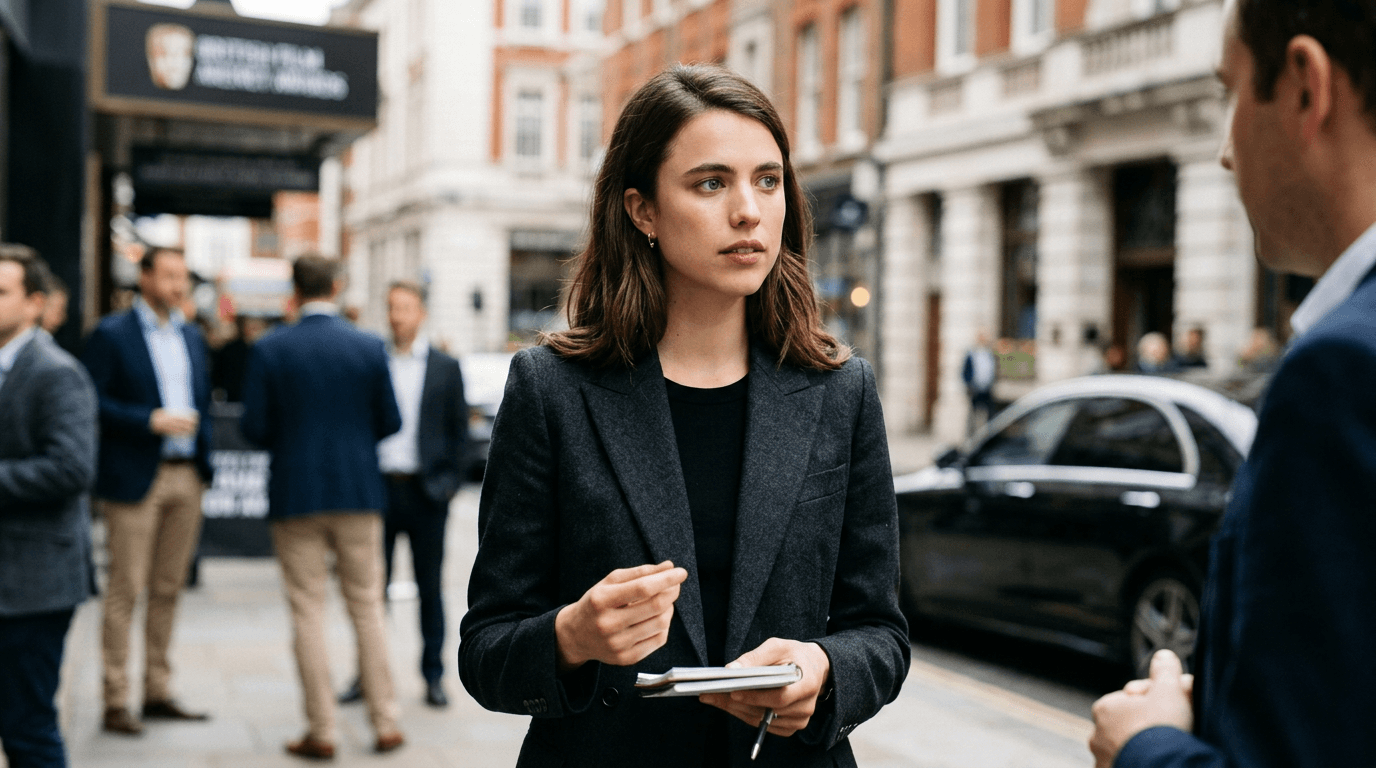 A stylish image of Margaret Qualley with a subtle, sophisticated hint of James Bond imagery in the background, perhaps a silhouette or iconic weapon.