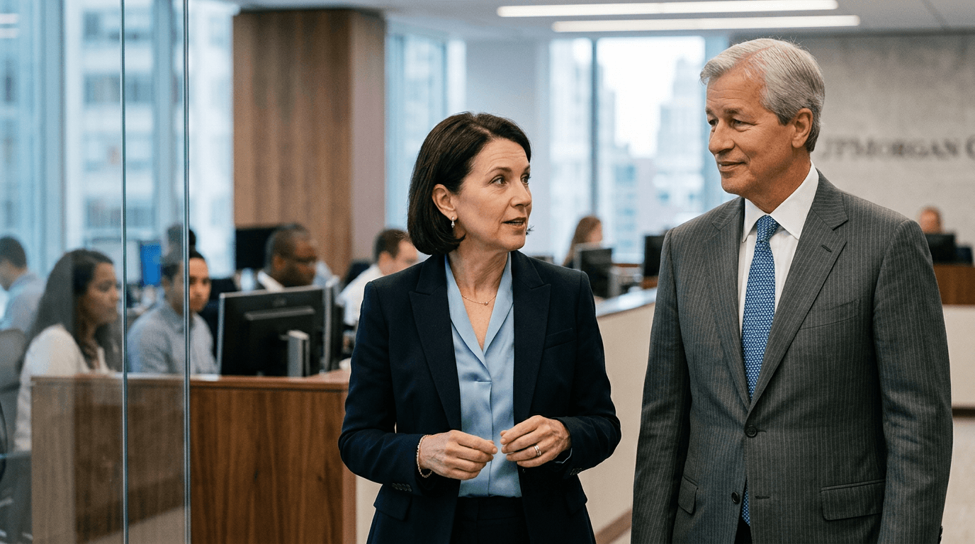 A split image of Marianne Lake and Jamie Dimon, with JPMorgan Chase headquarters in the background, suggesting a CEO succession scenario.