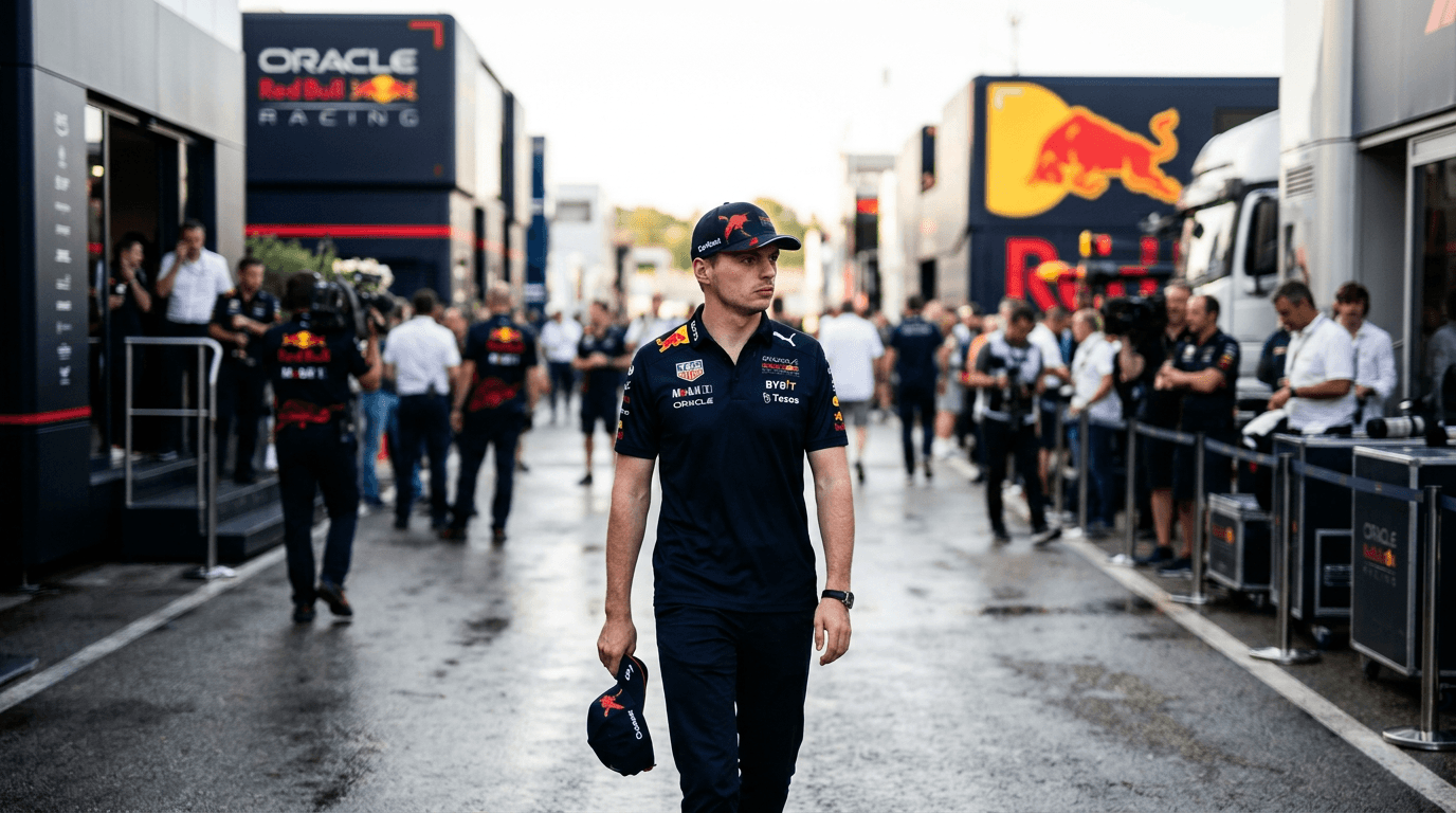 An overhead shot of Max Verstappen driving his Red Bull F1 car on a race track, with a slightly blurred background to emphasize speed.