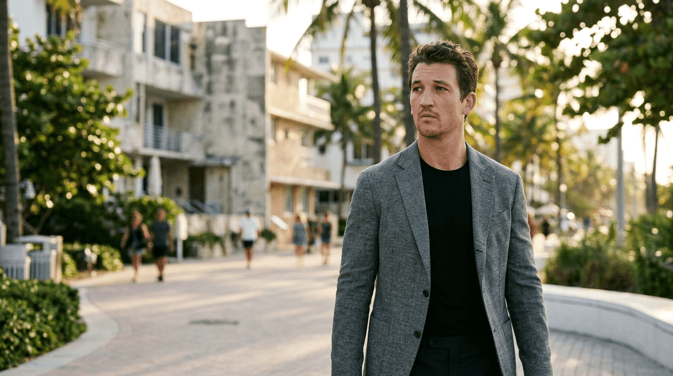 A stylized image of Miles Teller in a sleek suit, perhaps with a neon pink and blue Miami Vice-esque background.