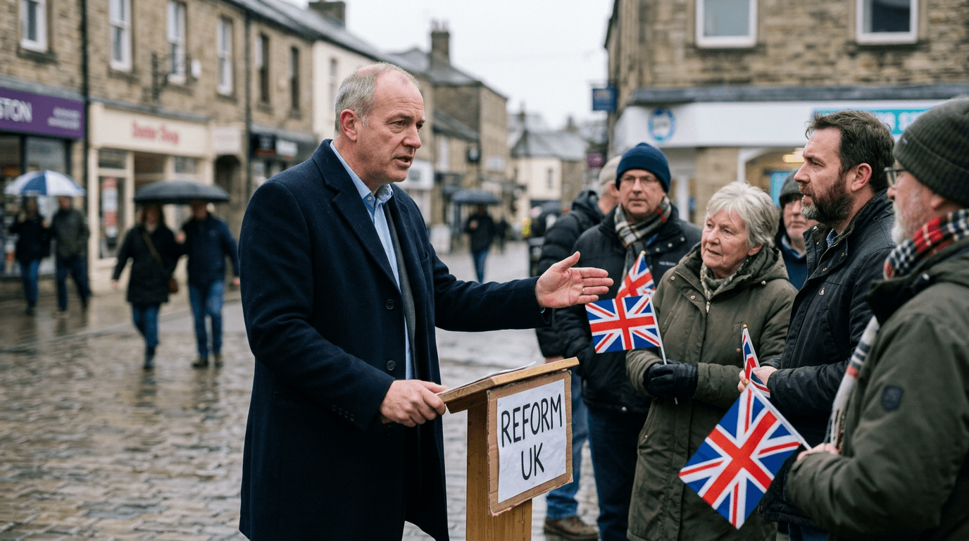 A stylized image of the British Houses of Parliament with a graph overlay showing an upward trend, representing the Reform UK party's potential rise, set against a backdrop of a Kalshi prediction market interface.
