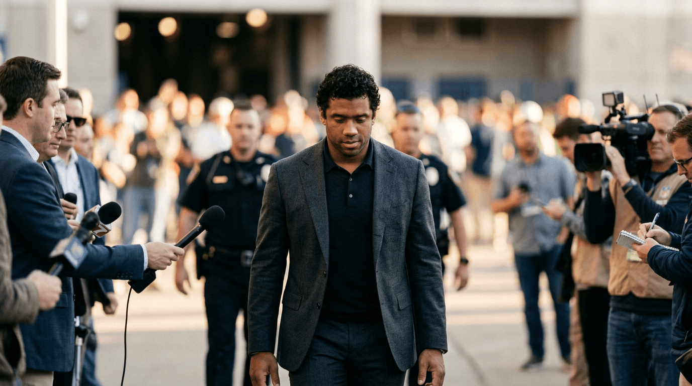 A close-up of Russell Wilson in an NFL uniform looking determined, perhaps from his Seahawks or early Broncos days, against a blurred football field background.