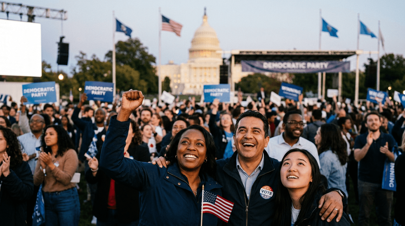 An illustration showing three distinct political symbols (e.g., a stylized Capitol dome, a presidential seal, and a House chamber graphic) colored blue, representing a Democratic trifecta.