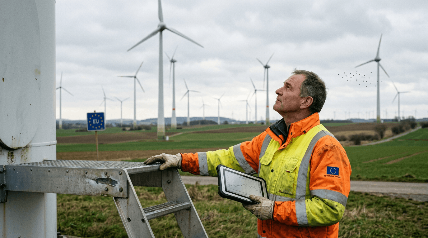 A vibrant green European Union flag with wind turbines and solar panels in the background, symbolizing climate goals.