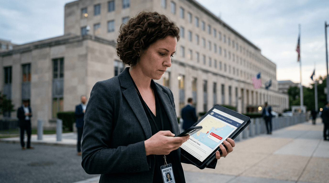 A map highlighting Taiwan, with a stylized 'warning' symbol superimposed, against a backdrop of global geopolitical tension.