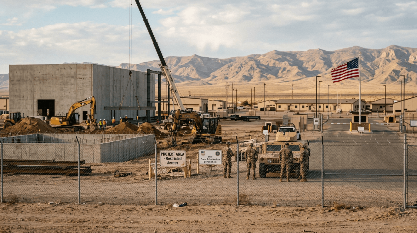 A futuristic depiction of a modular nuclear reactor powering a high-tech data center on a secure military base, surrounded by a desert landscape.