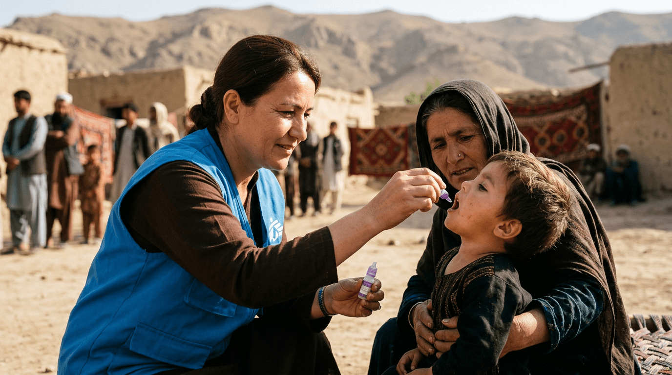 A map of the world highlighting regions where wild polio is still endemic, with vaccination campaign imagery subtly in the background.