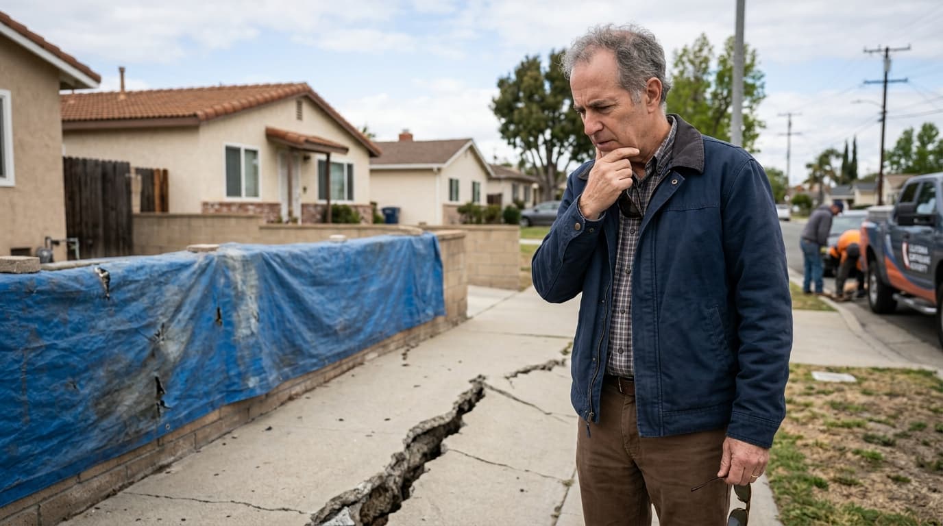 A stylized map of California with fault lines prominently displayed, perhaps with a subtle tremor effect, and a large '8.0' magnitude symbol appearing over the state.