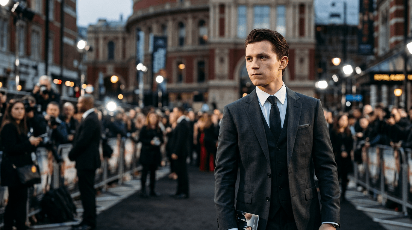 Tom Holland in a sharp suit, looking serious but with a hint of his youthful charm, perhaps with a faint 007 logo in the background.