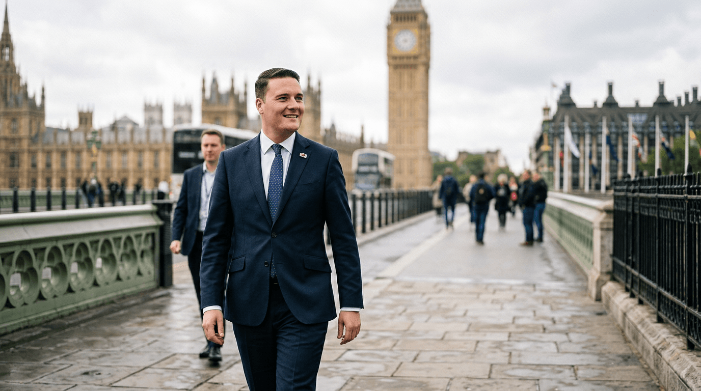 A stylized radar screen showing a market graph with a red line representing Wes Streeting's low probability, against a blue background representing the UK parliament