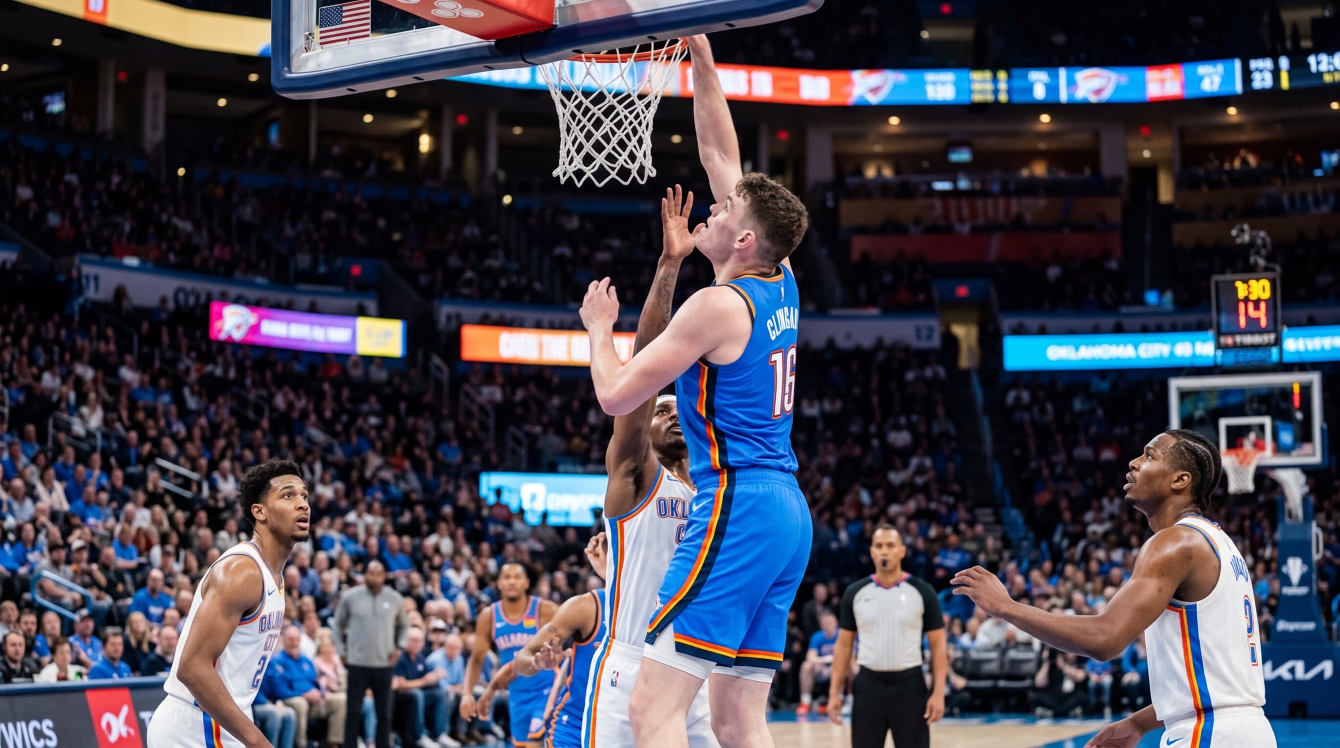 A digital radar screen with a market chart showing 0% probability and a question mark icon, set against a blurred background of a basketball court and a political debate