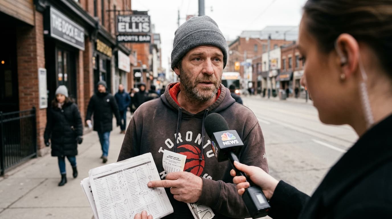 A chaotic, surreal image depicting a basketball court with a politician giving a speech in the background, a map of cities like Portland and Toronto, and a scoreboard displaying unusual numbers.